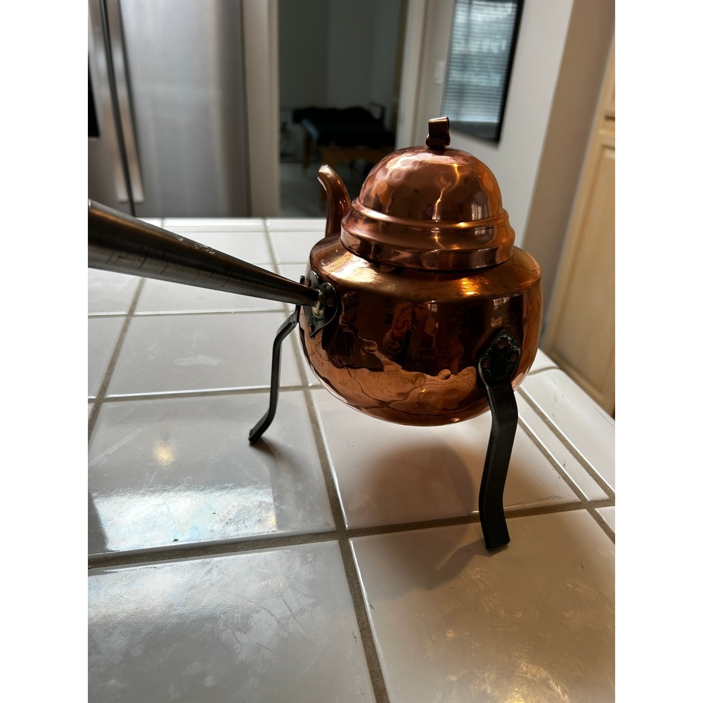 Vintage Copper Teapot with Black Metal Stand and Lid Hammered Finish - Picture 4 of 5